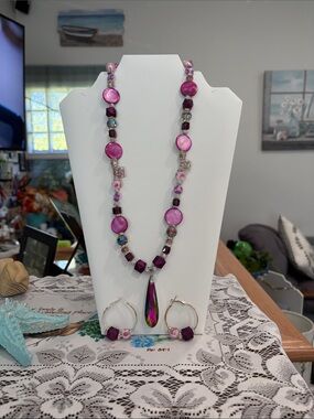 Purple Beaded Necklace and Earring Set with Iridescent Pendant